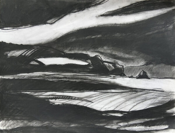 A1 sized charcoal seascape drawing of the rugged Pembrokeshire coast in Wales